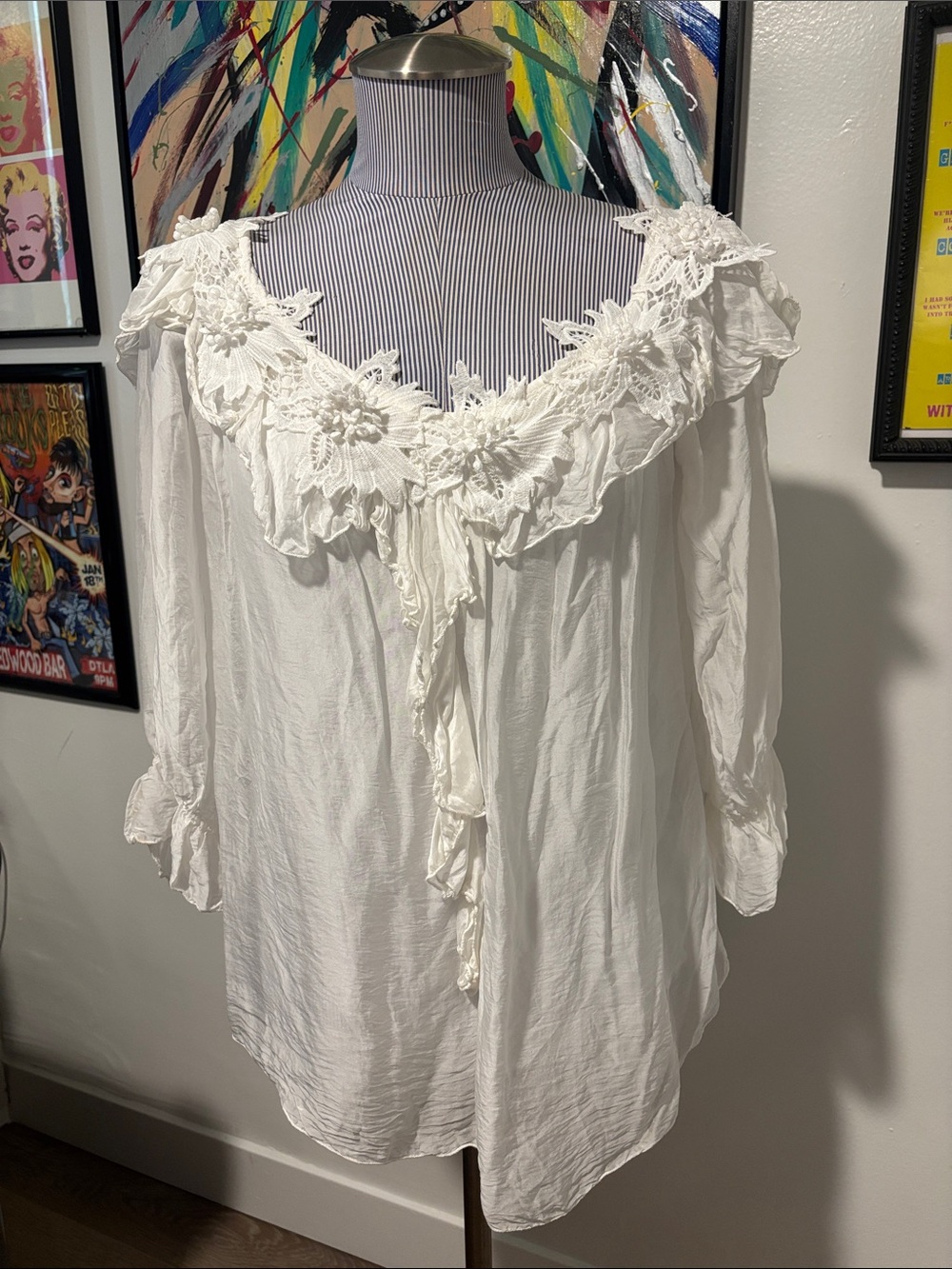 Le Marais Paris White 3/4 Sleeve Blouse with Romantic Embellishments XL